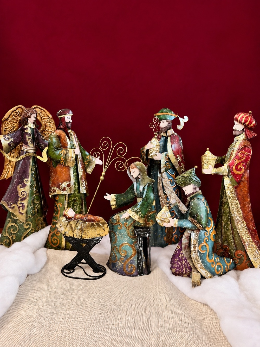 Ornate Metal Nativity Scene Set – Holy Family, Angel & Three Wise Men Christmas